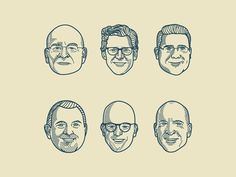 six men's heads with glasses and mustaches in blue ink on a beige background