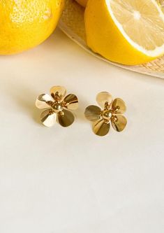 18K Gold plated Flower Earrings Gold Flower Earrings Spring Gift, Gold Plated Flower Charm Earrings, Gold Flower Earrings For Spring Gift, Gold Flower Earrings For Spring, Gold-plated Flower Earrings, Spring Yellow Gold Earrings Gift, Yellow Gold Earrings For Spring Gift, Spring Gift Yellow Gold Earrings, Gold Flower Earrings With Charm