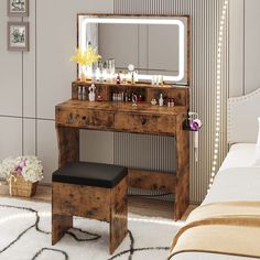 a bedroom with a vanity, stool and mirror