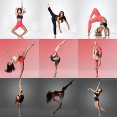 a series of photos showing different poses of women in yoga clothes and leotards