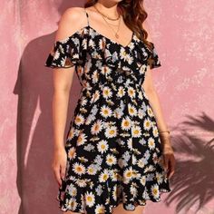 Never Worn, No Tags. A-Line Non-Stretch Black White Yellow Floral Daisies Cold Shoulder Thigh-Length Ruffle Butterfly Sleeve High Waist Polyester Shein Dress, Butterfly Sleeves, Yellow Floral, Ruffle Trim, Yellow White, Cold Shoulder, Floral Dress, White And Black, Colorful Dresses