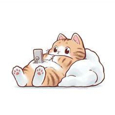 a cat laying on top of a cloud with a cell phone in it's paws