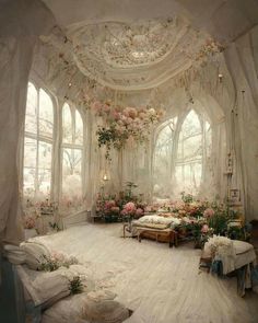 a room filled with lots of white furniture and flowers