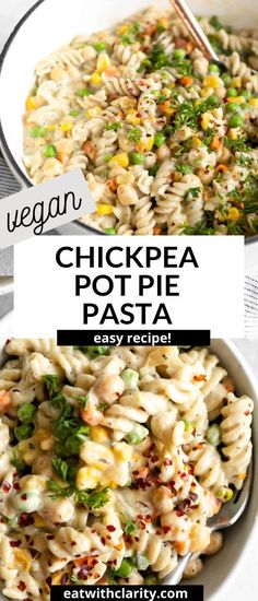 chicken pot pie pasta in a white bowl with text overlay that says vegan