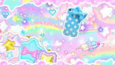 an animated wallpaper with stars, clouds and rainbows in pastel colors on a pink background