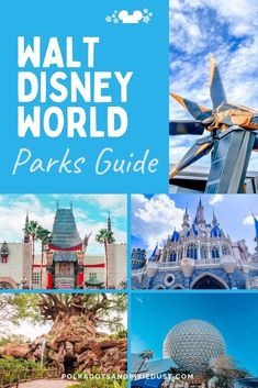 the walt world park guide is shown in blue and white with images of buildings, trees, and other things