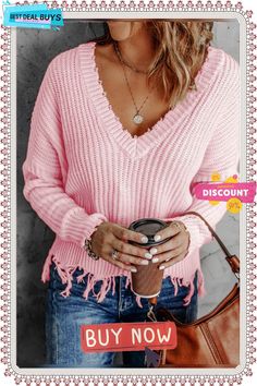 Fashion V-neck Solid Color Tassel Hole Knitted Sweater Fringe V-neck Top For Fall, Casual V-neck Top With Fringe, V-neck Fringe Top For Fall, Long Sleeve Knit Sweater With Tassels, Casual Knit Sweater With Tassels, Casual Long Sleeve Fringe Sweater, Apricot Sweater, Loose Knit Sweater, Loose Knit Sweaters