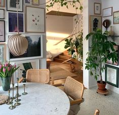 a dining room table with chairs and pictures on the wall in front of it, along with potted plants