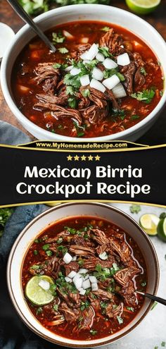 mexican burrito crockpot recipe in a bowl with limes and cilantro