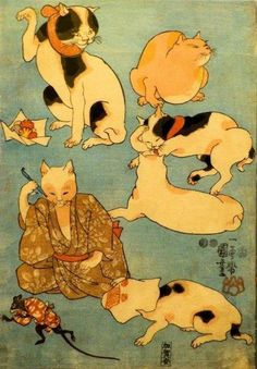 an old japanese painting with cats and dogs on it's back, in various poses