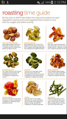 broccoli and other vegetables are featured in the poster for roasting time guide