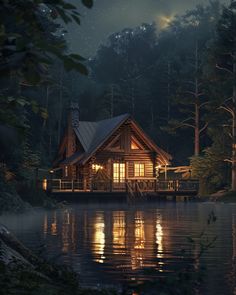 a cabin sits on the edge of a lake at night