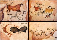 four pictures of different animals on a rock wall, each with an animal's silhouette