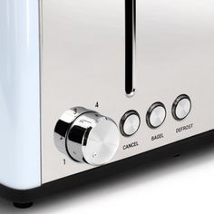 a close up of a toaster with buttons on it's side and black trim