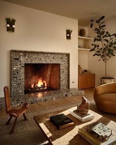 a living room filled with furniture and a fire place next to a wall mounted fireplace