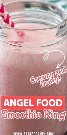 an angel food smoothie in a mason jar with a red and white striped straw