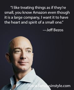 a man with a bald head wearing a blue shirt and smiling at the camera, in front of a quote from jeff bezos