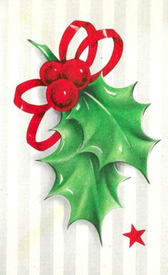 a drawing of a holly berry with red ribbon and bow on white striped wallpaper