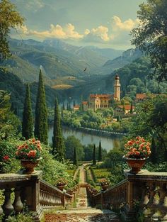 a painting of a beautiful landscape with flowers in vases