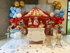 a circus themed birthday party with balloons and decorations