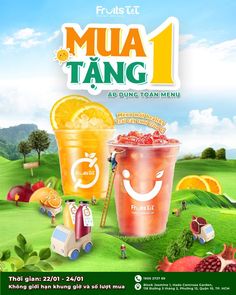 an advertisement for mua tang drink with oranges and pomegranate