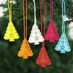 christmas ornaments hanging from a tree with colored paper and string attached to the top one