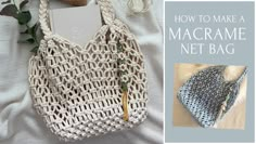 a crocheted bag with flowers on it and the text how to make a macrame net bag