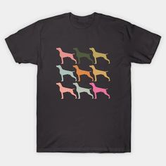 a black t - shirt with different colored dogs on the front and back, all in different colors