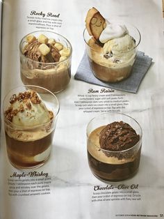 an article in a magazine about desserts and ice cream sundaes on display