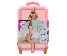 a pink suitcase with princess stickers on it's front and side panels,