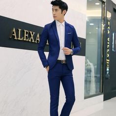 2017 Autumn Winter Men'S Suits Business 2 Pieces / Jackets + Pants Blazer Suits / Male High Blue Mens Suit, Tuxedo Coat, Mens Casual Suits, Man Suits, Suits Korean, Slim Fit Jackets