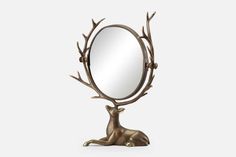 a mirror that is sitting on top of a deer's head with antlers around it