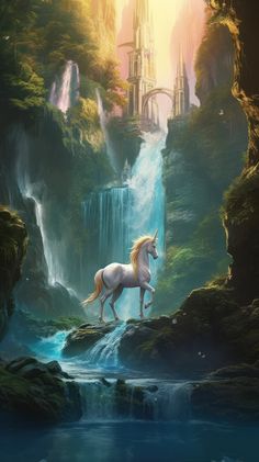 Unicorn in a Fantasy Forest Phone Wallpaper Fairy World Background, Unicorn Wallpaper Aesthetic, Fairy World Aesthetic, Unicorn Phone Wallpaper, Fantasy Wallpaper Iphone, Unicorn Wallpaper Iphone, Forest With Waterfall, Peaceful Wallpapers, Fairy Tale Wallpaper