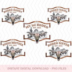 four labels for rodeo related products on a white background