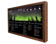 a wooden frame displaying the time and weather in front of an aurora display on a white background