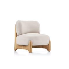 an upholstered chair with wooden legs and a white fabric seat pad on the back