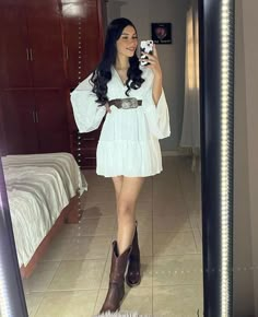 Dress And Boots Outfit Mexican, Dama Vaquera Outfits, Western Outfits Women Quince, Dress With Boots Mexican, Vaquero Outfits For Women, Latina Cowgirl Outfits Dress, Cowgirl Attire For Women, Dress With Cowboy Boots Mexican, Dresses With Cowboy Boots Mexican