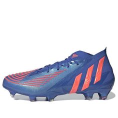 the adidas soccer shoe is blue and orange