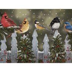 four birds perched on top of a fence in the snow with berries and pine cones