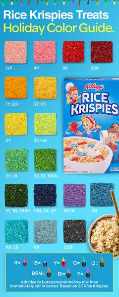 the rice krispies treats holiday color guide is shown with instructions for how to make it