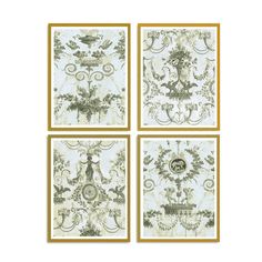 four framed pictures in gold frames on a white background, each with an ornate design