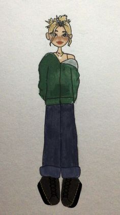 a drawing of a woman with short hair wearing jeans and a green shirt, standing in front of a white wall