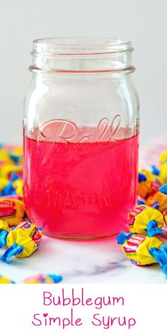 a jar filled with bubblegum simple syrup