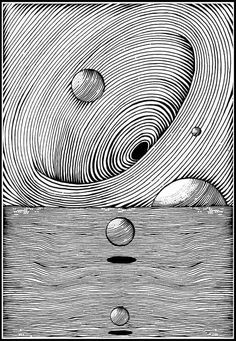 an image of a black and white drawing with circles in the sky, on top of water