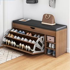 a shoe rack with many pairs of shoes on it next to a purse and handbag