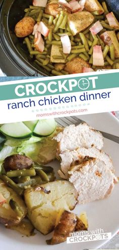 crockpot ranch chicken dinner with green beans, potatoes and zucchini on the side