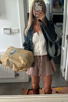 jean jacket; outfit aesthetic; ootd; boots outfit; aesthetic top outfit Jean Skirt And Jean Jacket Outfit, Romantic Boho Outfit, Indie Chic Outfits, Briston Maroney Concert Outfit, Aesthetic Top Outfit, Boho Going Out Outfit Night, Mt Joy Concert Outfit, Arizona Fall Outfits, Uk Summer Outfits