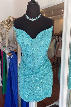 Strapless Blue Sequin Bodycon Mini Party Dress Teal Homecoming Dresses, Turquoise Homecoming Dresses, Blue Hoco Dress, Cute Formal Dresses, Mini Party Dress, Blue Sequin Dress, Tight Mini Dress, Blue Homecoming Dresses, Turquoise Dress