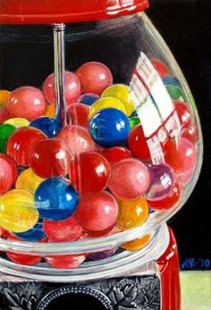 a painting of a gummy machine with lots of balls in it's bowl