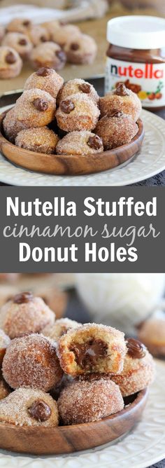 nutella stuffed cinnamon sugar donut holes are stacked on a plate and ready to be eaten